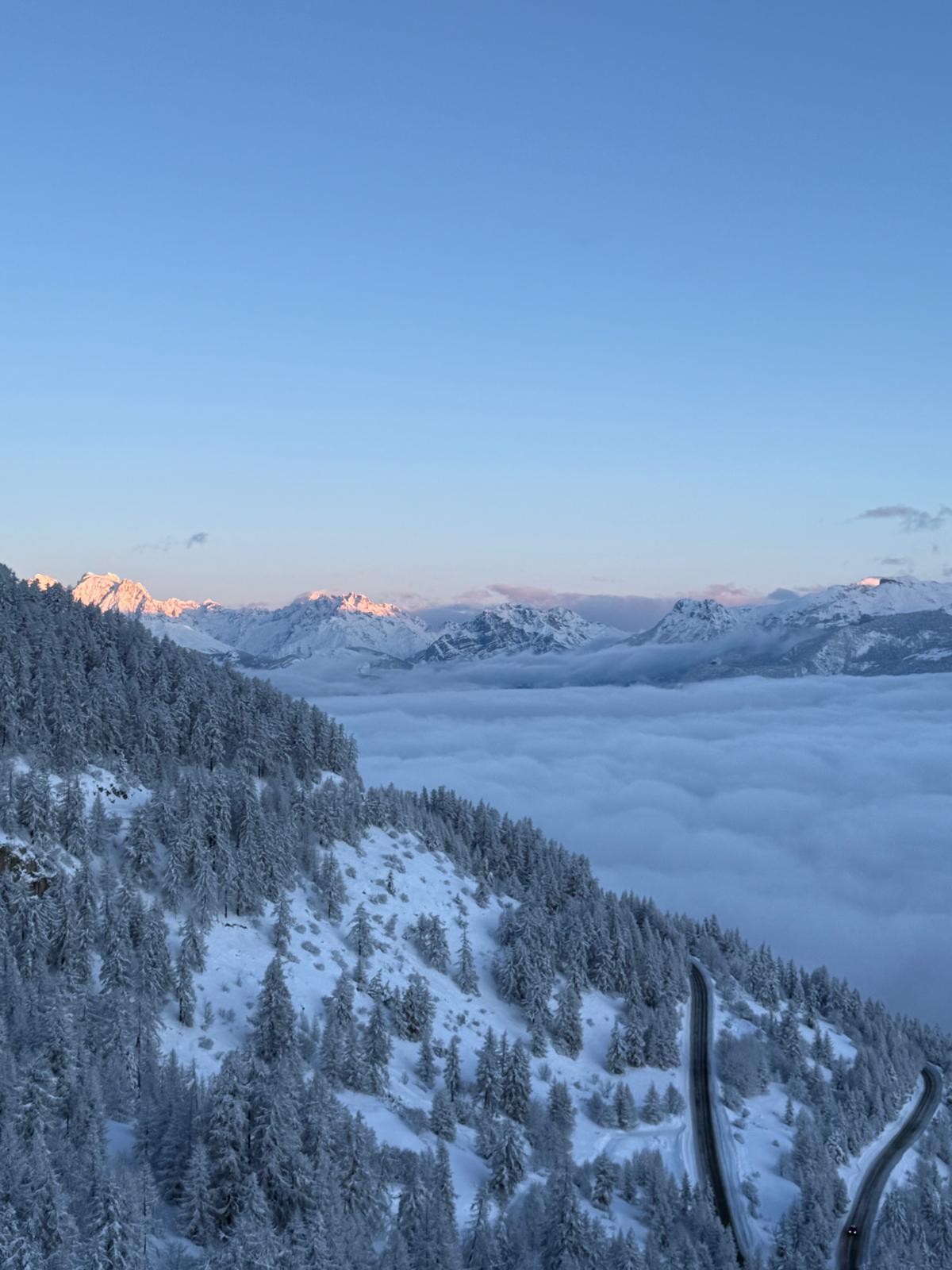 Snowy mountain landscape with frosted fir forest in Risoul