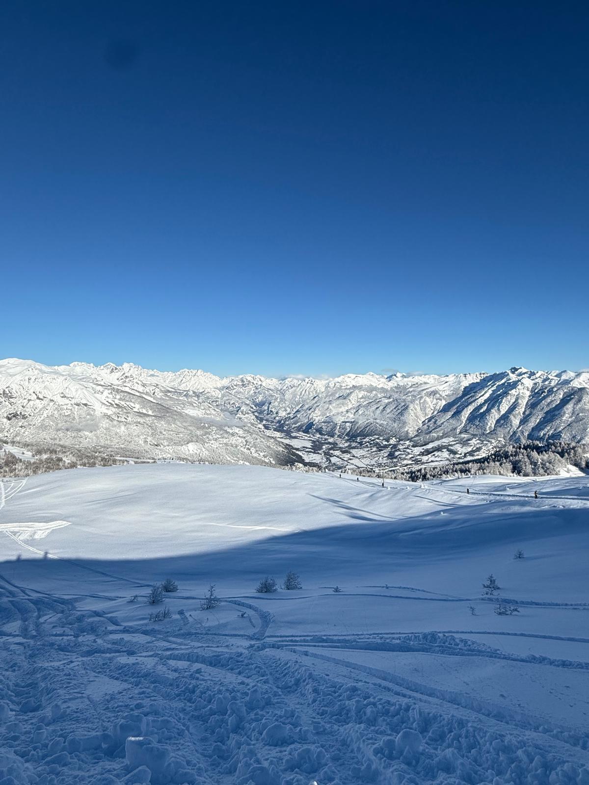 Panorama of snowy mountains under a clear blue sky